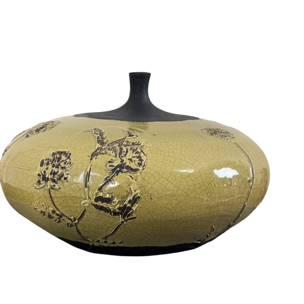 Vintage Unique Raku Pottery Vase with Intricate Crackle Flower Pattern Handmade - Picture 3 of 10